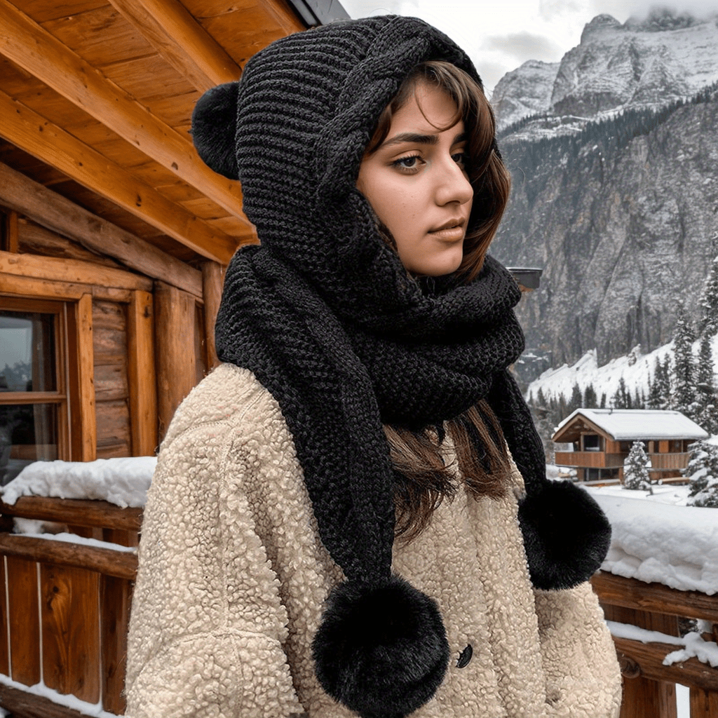 Women’s Knitted Beanie Hat with Integrated Scarf & 3 Pom-Pom Accessories - Shawl