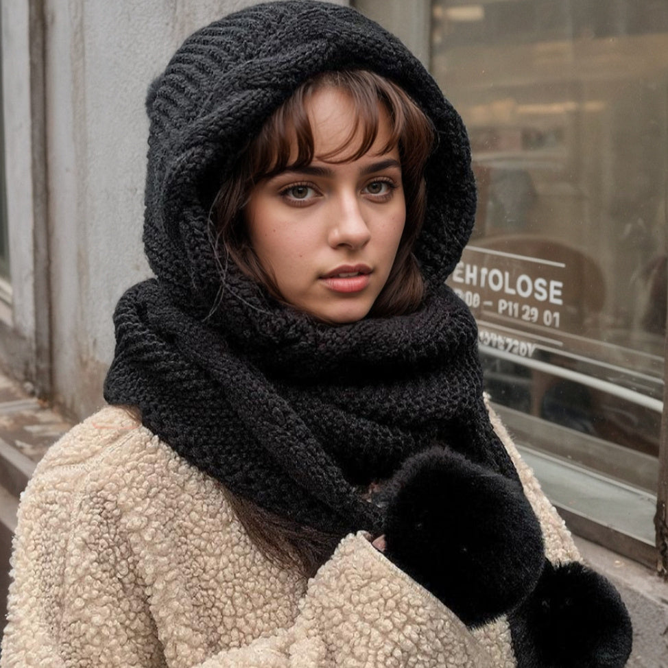 Women’s Knitted Beanie Hat with Integrated Scarf & 3 Pom-Pom Accessories - Three Ball Scarf Hat - Black - Shawl