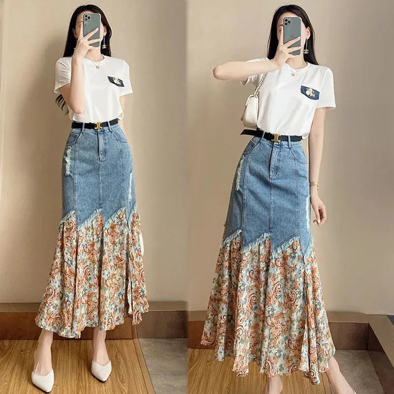 Women’s Loose-Fit Spliced Denim Skirt - Sweet Comfortable and Fashion-Forward Slim Fit Design for Everyday Wear - Midi