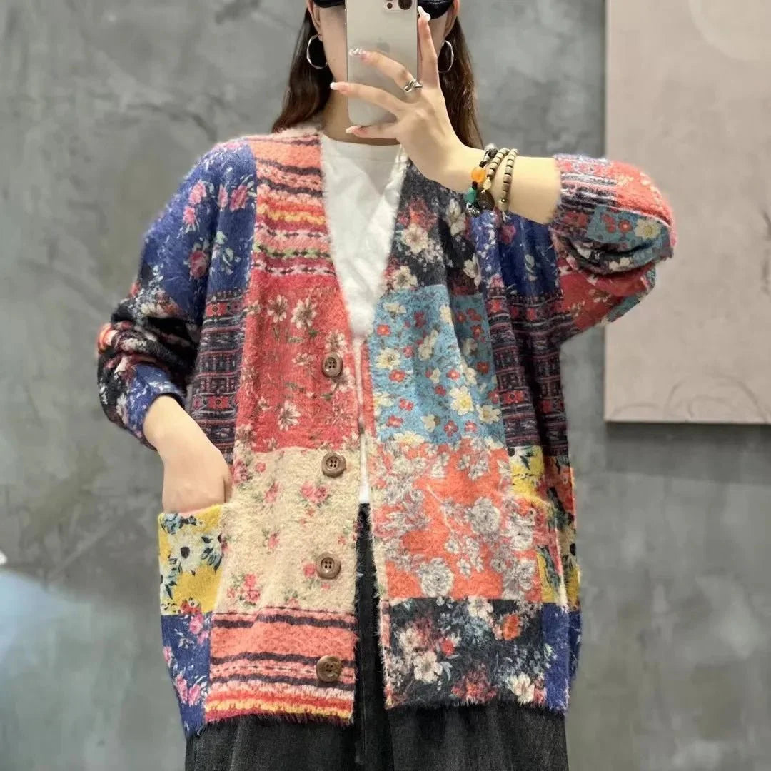 customized - 2023Women Mink Velvet Sweaters Autumn Winter Mori Girl Style Print Cartoon Loose V - Neck Collar Single - Breasted Knit Coats Wild - Boho Eco Boutique™ - customized - Boho Eco Boutique™ - Red - One Size - 