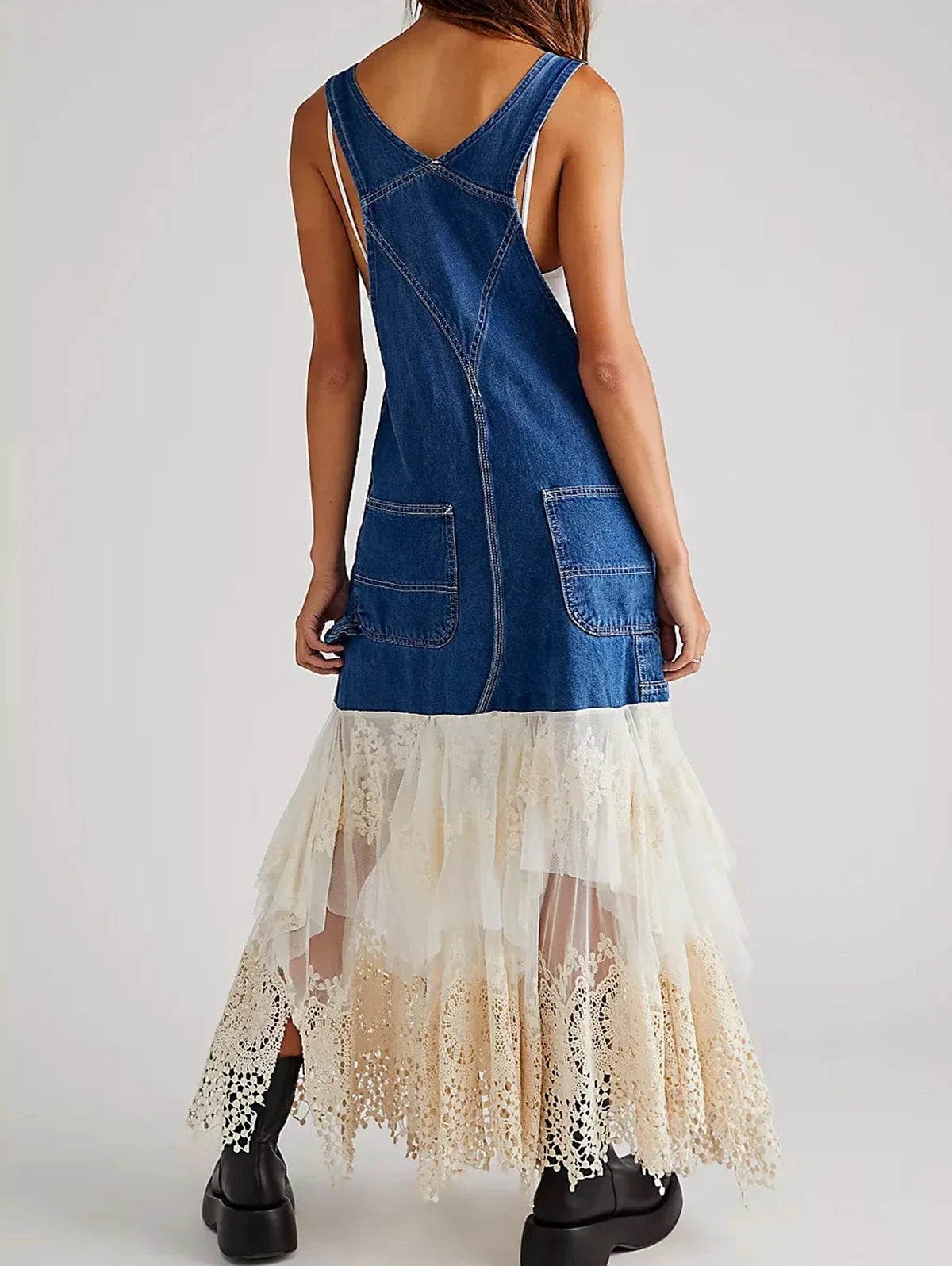 Women’s Retro Suspender Denim Dress - Lace Patchwork Irregular Hem Pockets Casual Elegant Midi Dress - Maxi Dress