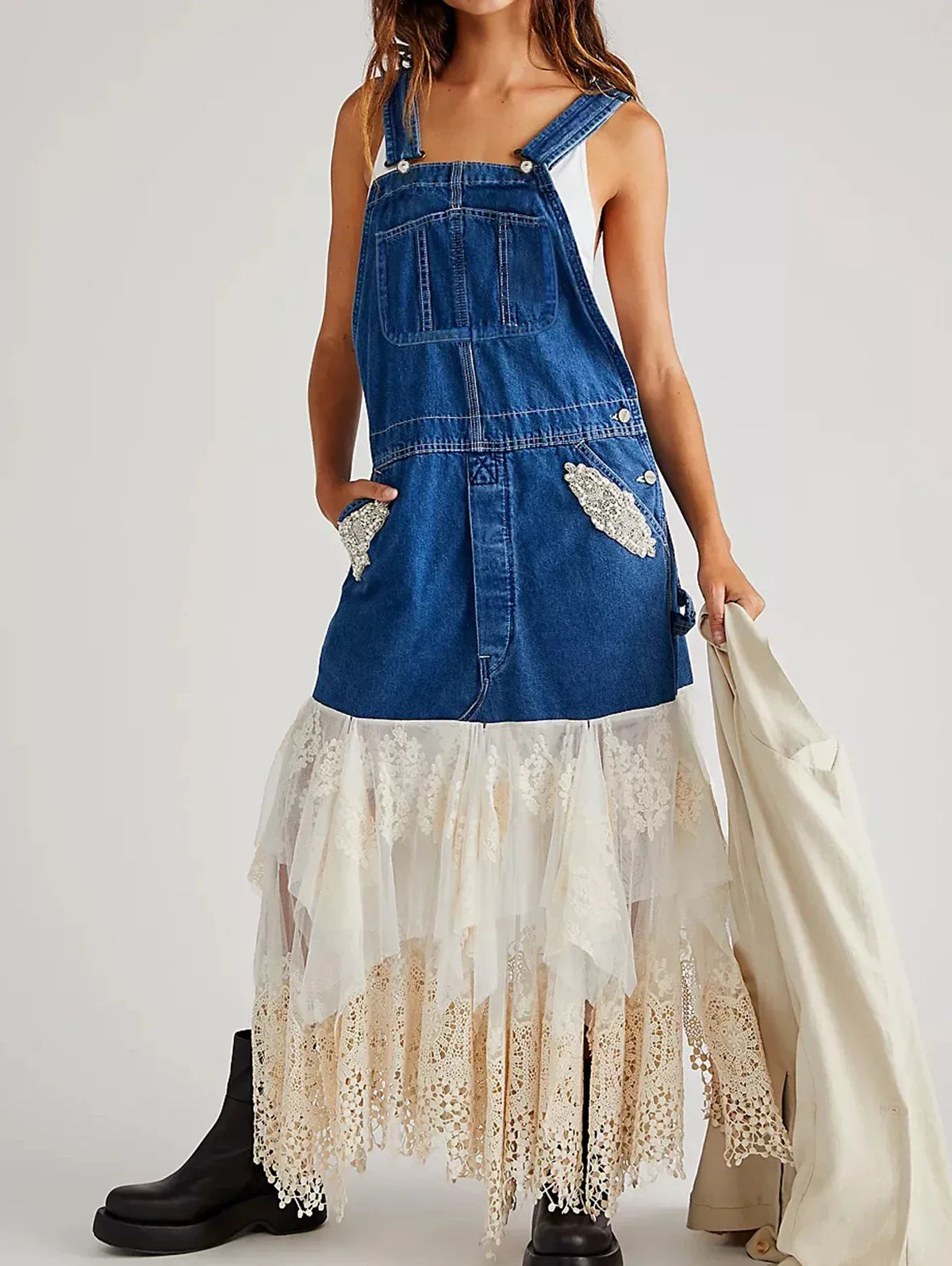 Women’s Retro Suspender Denim Dress - Lace Patchwork Irregular Hem Pockets Casual Elegant Midi Dress - Maxi Dress