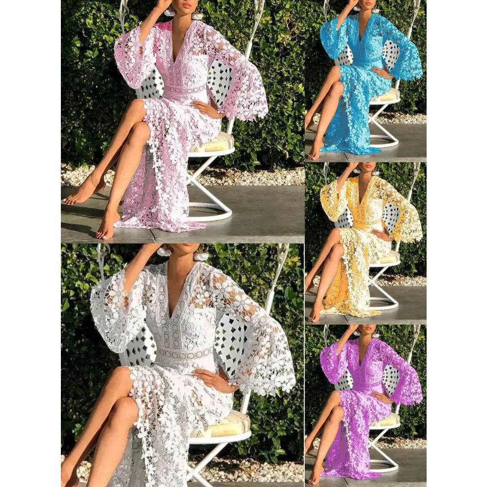Women’s Sexy Sheer Lace Bohemian Long Sleeve V-Neck Beach Dress – Loose Fit Hollow Out Summer Maxi Dress - Dress
