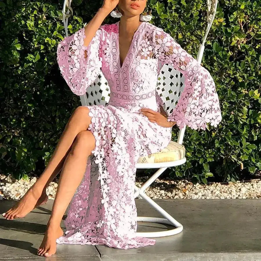 Women’s Sexy Sheer Lace Bohemian Long Sleeve V-Neck Beach Dress – Loose Fit Hollow Out Summer Maxi Dress - Pink / S