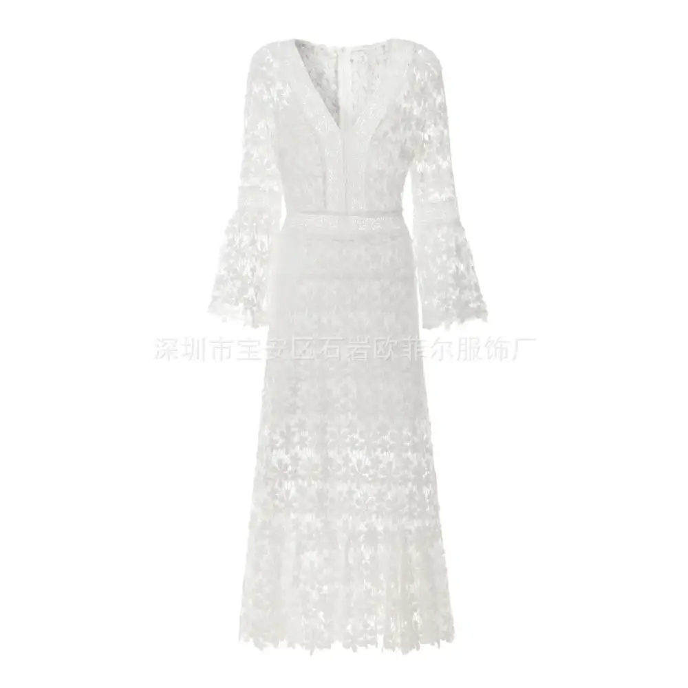 Women’s Sexy Sheer Lace Bohemian Long Sleeve V-Neck Beach Dress – Loose Fit Hollow Out Summer Maxi Dress - Dress