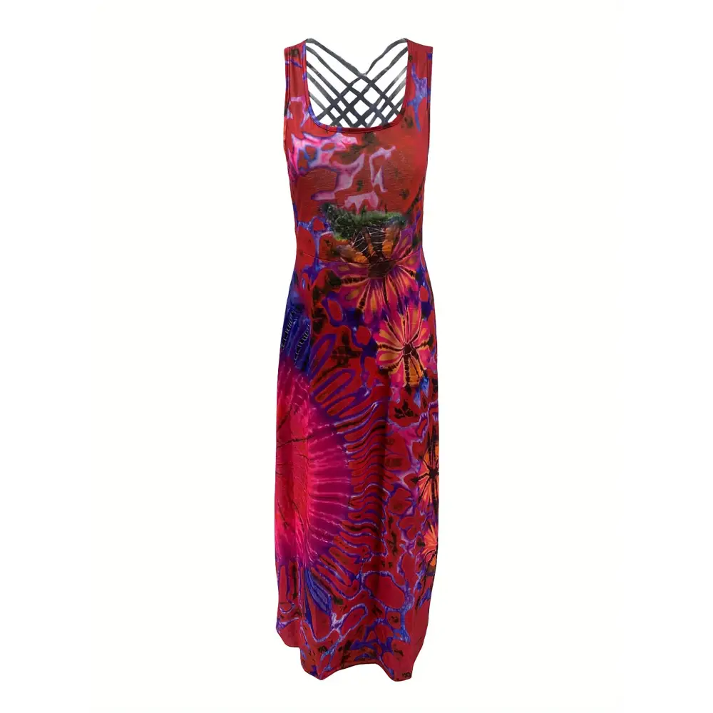 Women’s Summer Tie-Dye Long Dress - Casual U-Neck Sleeveless Cross Backless Fashion - Dress