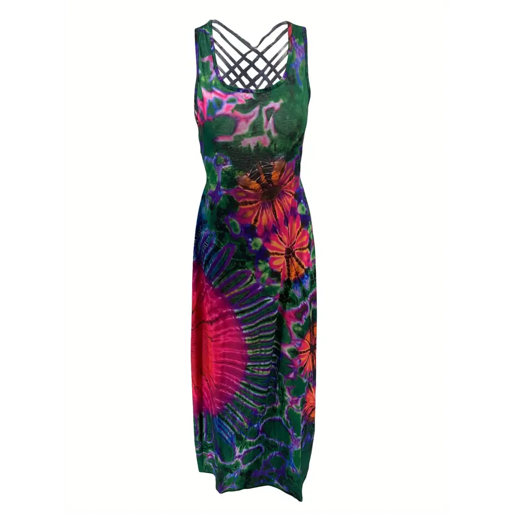 Women’s Summer Tie-Dye Long Dress - Casual U-Neck Sleeveless Cross Backless Fashion - Dress