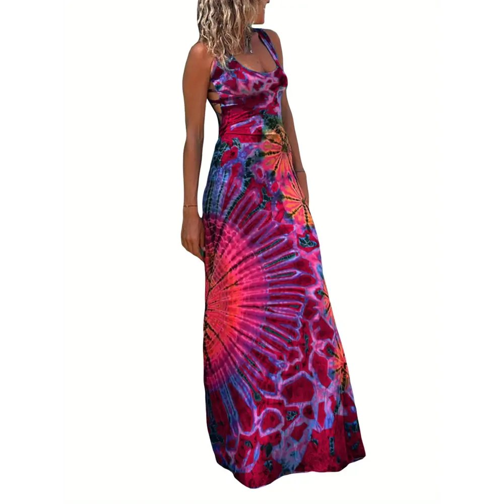 Women’s Summer Tie-Dye Long Dress - Casual U-Neck Sleeveless Cross Backless Fashion - Dress