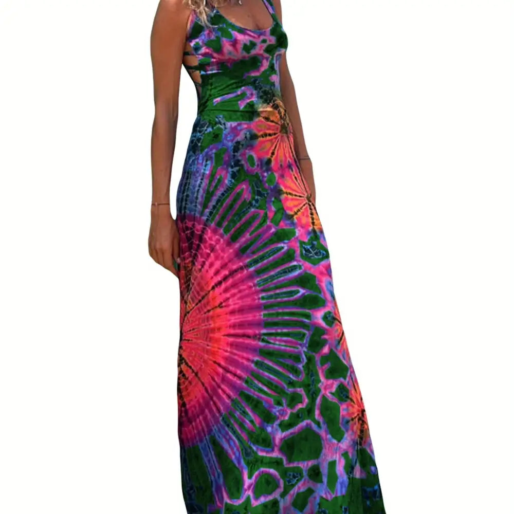 Women’s Summer Tie-Dye Long Dress - Casual U-Neck Sleeveless Cross Backless Fashion - Green / S(4) - Dress