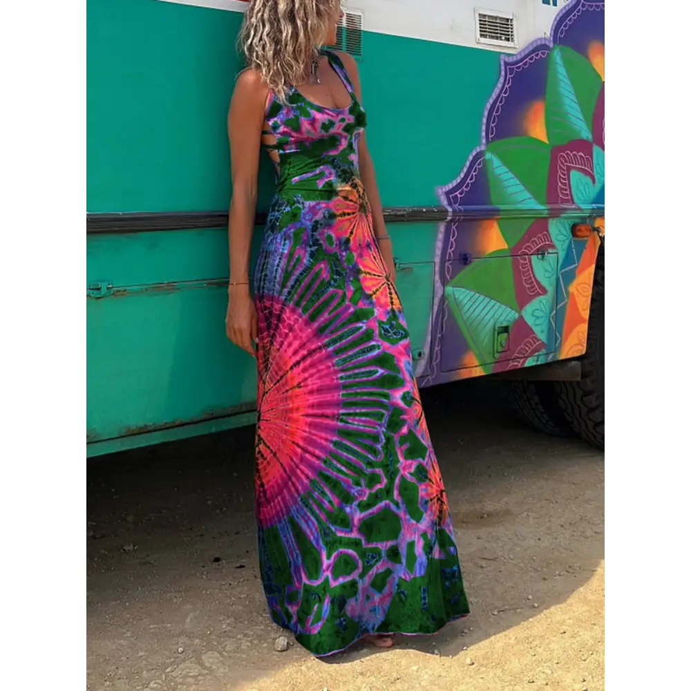 Women’s Summer Tie-Dye Long Dress - Casual U-Neck Sleeveless Cross Backless Fashion - Dress