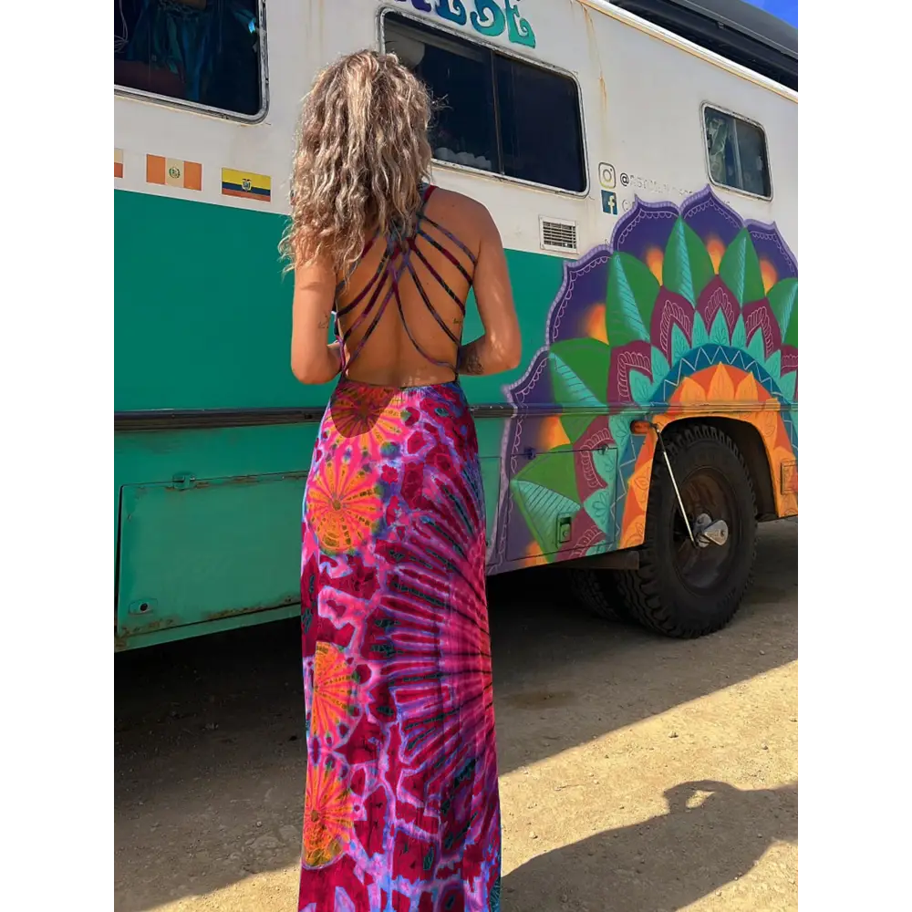 Women’s Summer Tie-Dye Long Dress - Casual U-Neck Sleeveless Cross Backless Fashion - Dress