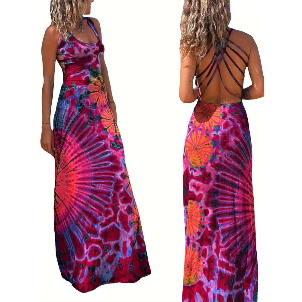 Women’s Summer Tie-Dye Long Dress - Casual U-Neck Sleeveless Cross Backless Fashion - Dress
