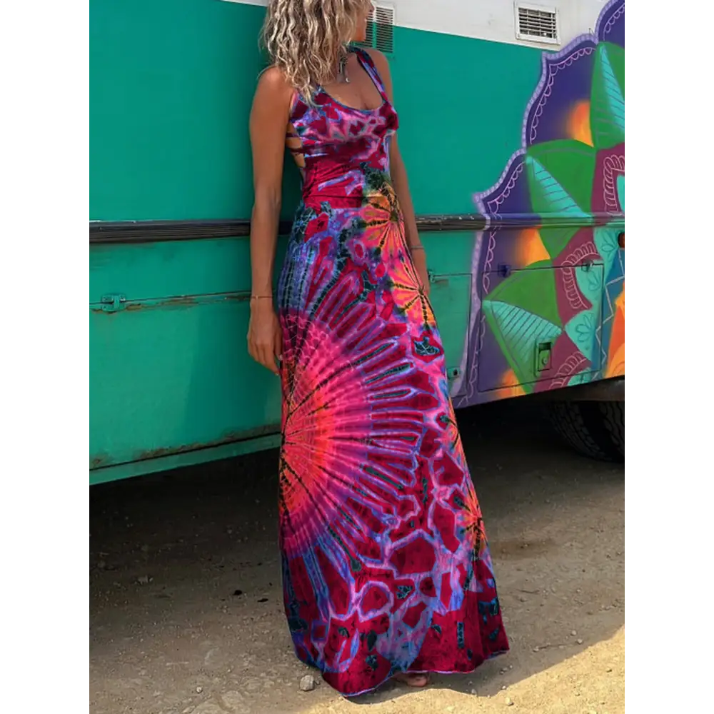 Women’s Summer Tie-Dye Long Dress - Casual U-Neck Sleeveless Cross Backless Fashion - Dress