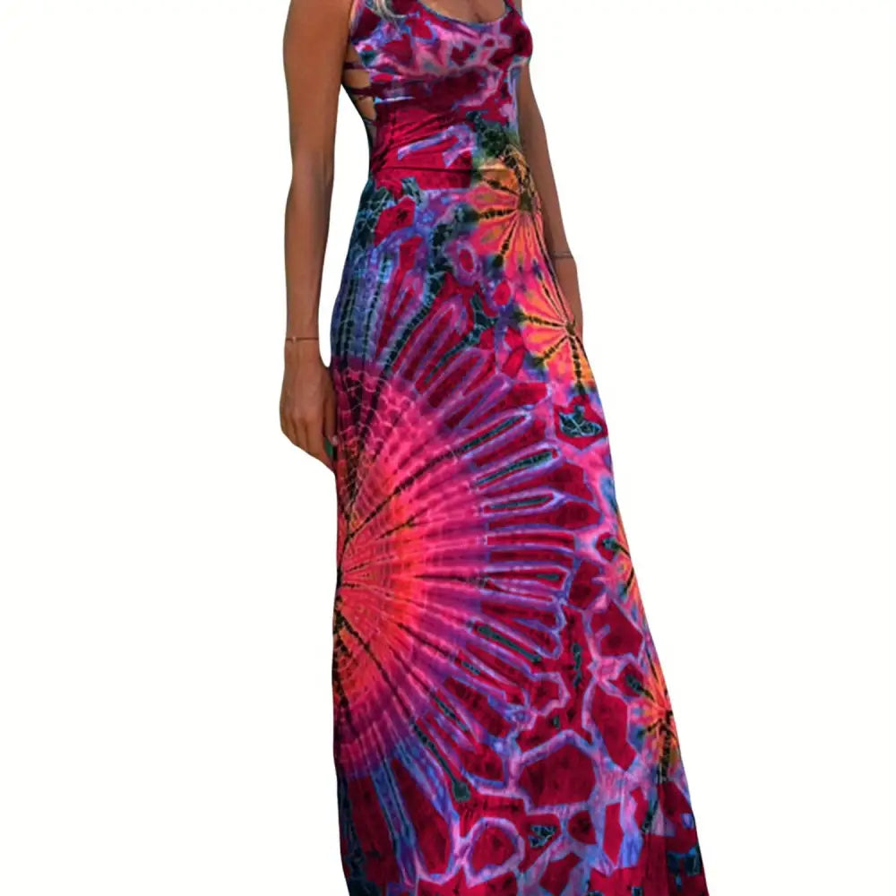 Women’s Summer Tie-Dye Long Dress - Casual U-Neck Sleeveless Cross Backless Fashion - Red / S(4) - Dress