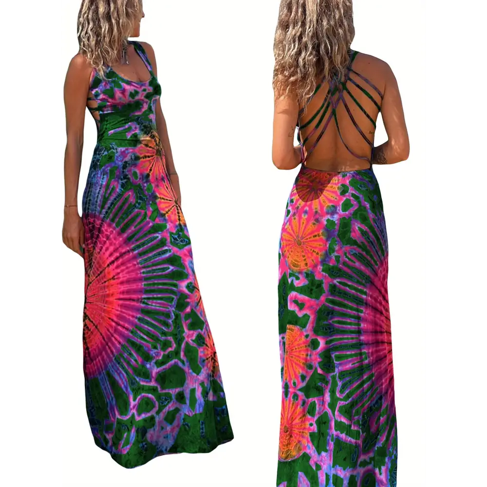 Women’s Summer Tie-Dye Long Dress - Casual U-Neck Sleeveless Cross Backless Fashion - Dress