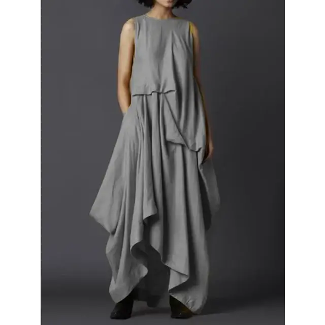 Women’s Tank Dress Pleated Pockets Vintage Asymmetric Solid Hem Long Dress - Grey / 4XL - customized