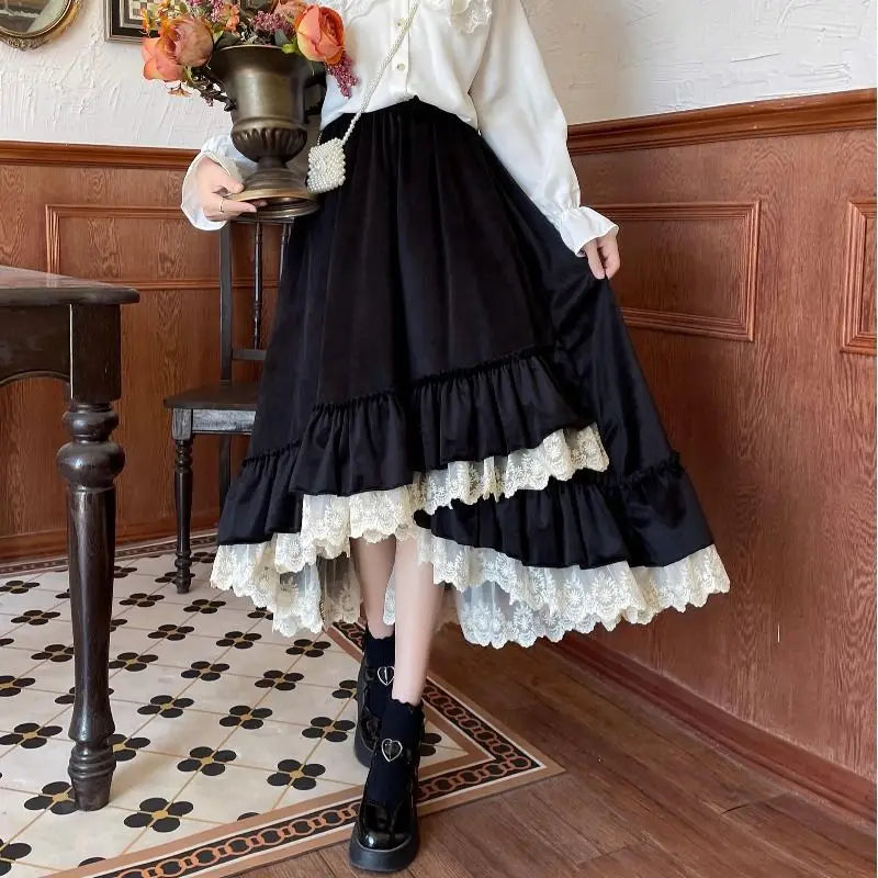 Women’s Vintage Patchwork Ruffle Pleated Long Skirt – High Waist Cake Skirt Irregular A-Line Summer Fashion - black