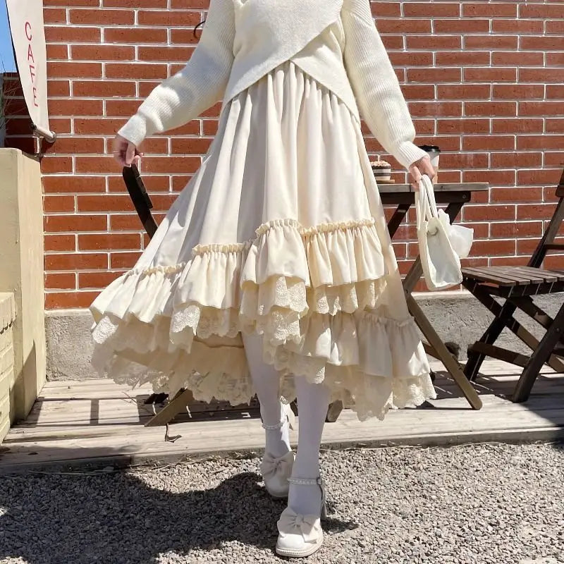 Women’s Vintage Patchwork Ruffle Pleated Long Skirt – High Waist Cake Skirt Irregular A-Line Summer Fashion - Beige